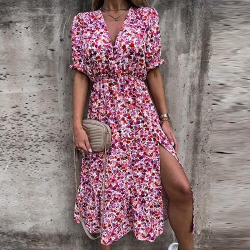 New Summer Floral Print Dress For Women V Neck Side Slit Long Dress Elegant Short Sleeve Button Slim Female Party Dress Vestidos