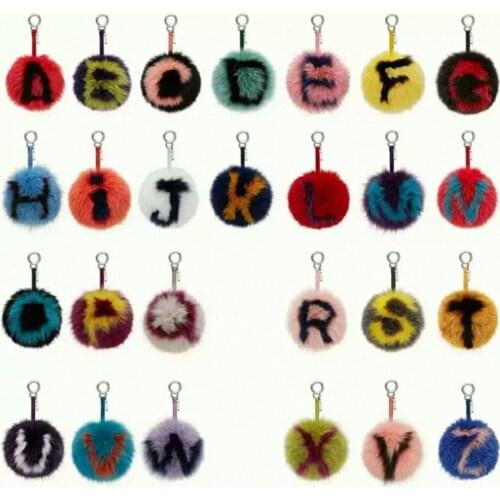15CM Big Fluffy Initial Pom Pom Keychains Handmade Real Fox Fur Ball Key chains Bag Charm Monster Alphabet Letter Pompoms TKK023