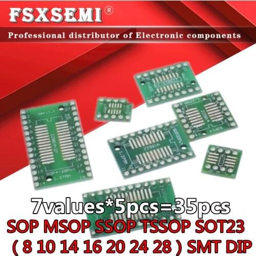7values X5pcs=35pcs PCB Board Kit pinboard SMD Turn To DIP SOP MSOP SSOP TSSOP SOT23 8 10 14 16 20 24 28 SMT To DIP