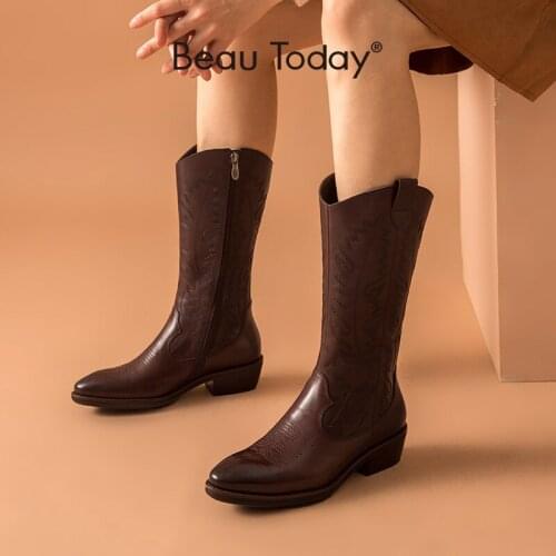 BeauToday Mid-Calf Boots Western Women Cow Leather Embroider Waxing Pointed Toe Autumn Fashion Ladies Shoes Handmade 02213