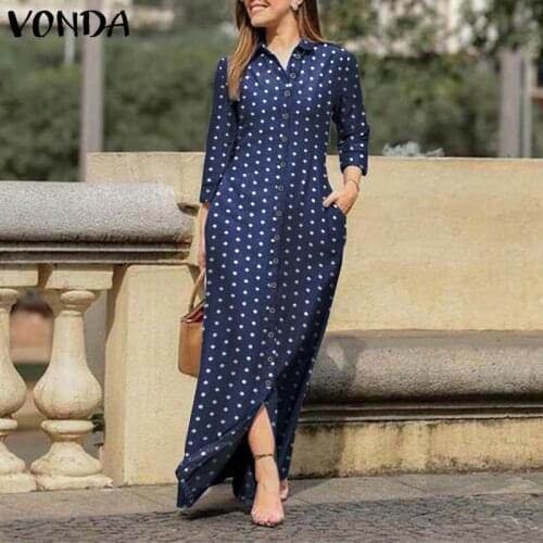 Long Maxi Dress Vintage Polka Dot Long Sleeve Pleated Dresses VONDA Women Casual Lapel Collar Button Up Robe Bohemian Vestidos