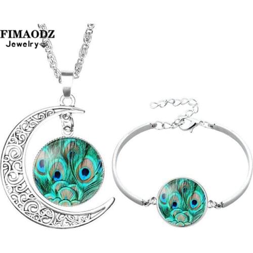 FIMAODZ Ethnic Peacock Feather Jewelry Sets Vintage Animal Feather Art Photo Glass Gem Moon Necklace Bracelet Set Women Gift