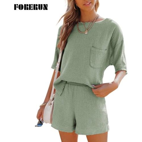 FORERUN Linen Shorts Sets Women Summer Short Sleeve O Neck Tops Solid Elegant Casual Home Suits Tracksuits