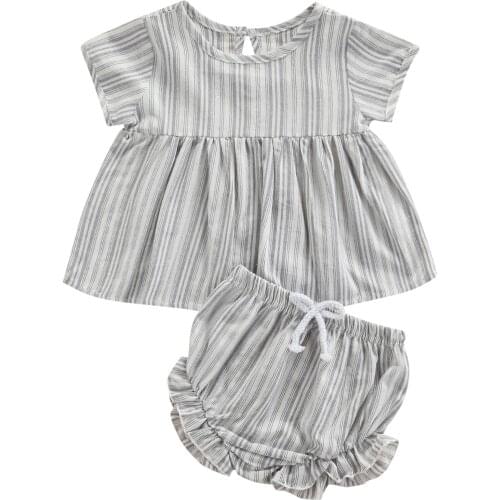 0-24M Cute Baby Girls Boys Clothes Sets 2pcs Striped Printed Ruffles Short Sleeve T Shirts Tops Shorts