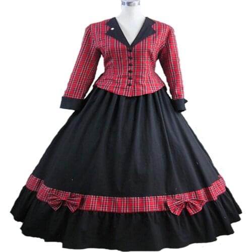 Red Plaid Long Sleeves Womens Victorian Dress Cosplya Desses
