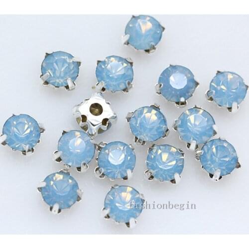 3/4/5/6/7/8mm It blue opal Sew on Round crystal glass Rhinestone jewel Silver claw 4hole sewing stone bead for Garment shoes bag