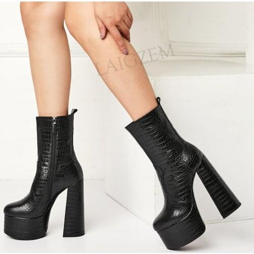 LAIGZEM SUPER Women Platform Boots Genuine LEATHER Block Chunky High Heels Short Boots Height Increase Shoes Woman Size 33 41