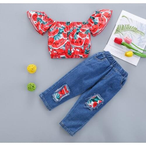 Summer 2PCS Toddler Girls Clothes Set Off Shoulder Ruffle Fruit Print Short Sleeve Tops + Ripped Denim Long Pants Outfit