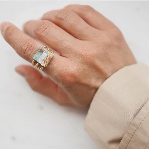 MOMIJI Fashion Gothic Rings with Gold Silver Stainless Steel Tigereye Amethyst Natural Stone Ring for Women Adjustable Jewelry