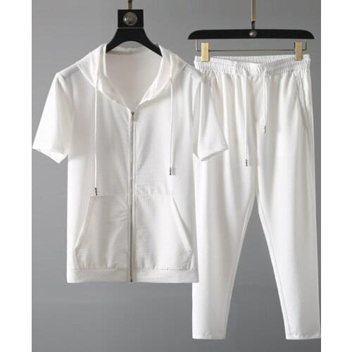 2021 Casual suit mens new summer 2021 ice silk hooded short sleeve T-shirt pants fashion sports two piece set summer