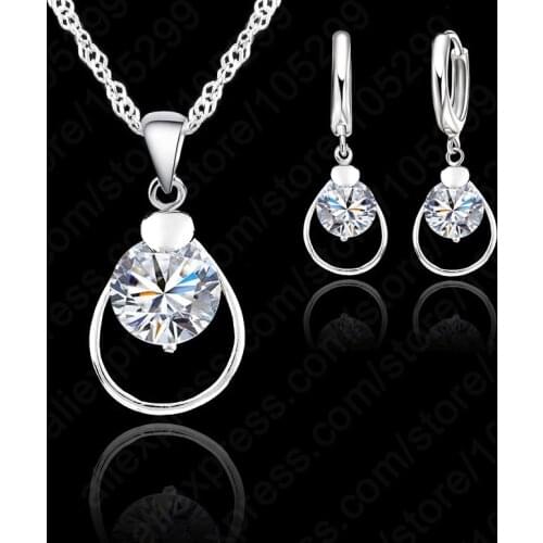 Real Pure 925 Sterling Silver Swiss CZ Crystal Lever Back Loop Earring Pendant Necklace Woman Wedding Bridal Party Jewelry Sets