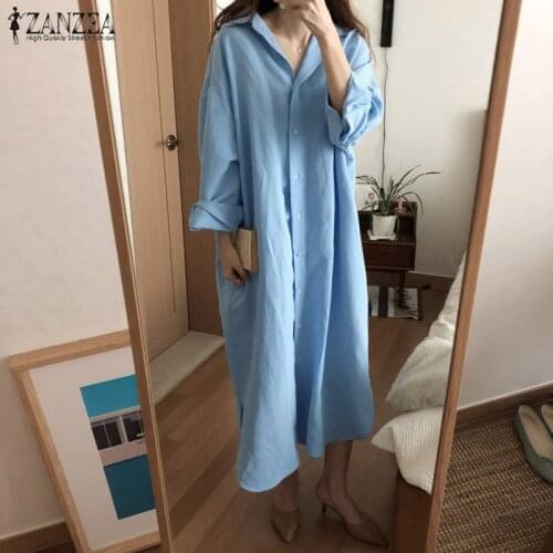 2021 ZANZEA Autumn Long Maxi Dresses Women Button Down Shirt Dress Split Vestido Robe Vintag Long Sleeve Cotton Dress Oversized