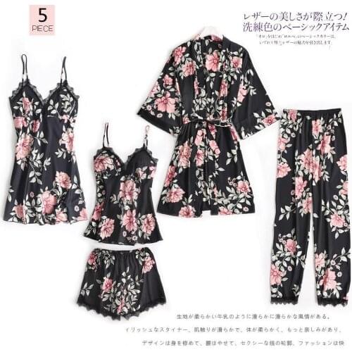 Black Pajamas Sleep Robe Set Women Printed Floral Lace Sleepwear 5PCS Kimono Bathrobe Gown Cemi Pijamas Suit With Shorts&Pant