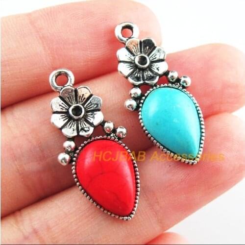 10Pcs Retro Tibetan Silver Tone Flower Teardrop Blue&Red Stone Charms Pendants 13.5x29mm