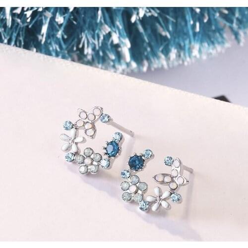 Inlaid Blue Rhinestone Flower Butterfly Stud Earrings For Women Sweet Circle Garland Earring Girls Trend Party Wedding Jewelry