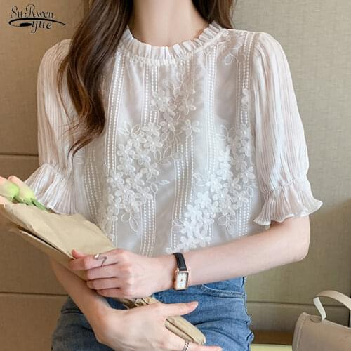 2021 Autumn Hollow Chiffon Lace Blouse Women Office Loose Lantern Long-Sleeve Solid Women Shirts Mesh Button Cardigan Tops 10900