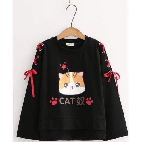Womens Cartoon Print Sweatshirt Japane Style Cat Print Lace Bow Girls Sweatshirts Casual Loose O-Neck Harajuku Pullovers