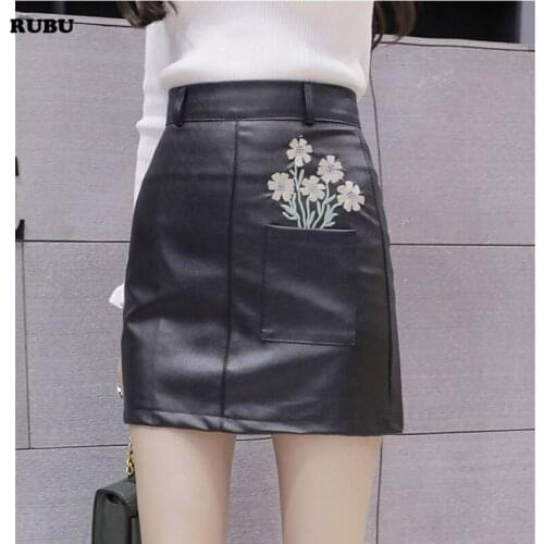 Sxcharm Women Skirts Winter Fashion BLACK PU Leather Skirts Women High Waist Slit Package Hip Pencil A-LINE pockets Skirt