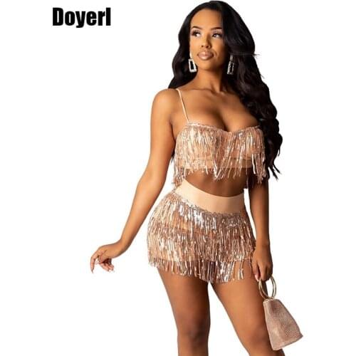 Sexy Party Club Sequin 2 Piece Set Women Two Piece Outfits Festival Tassel Crop Top Shorts Set Winter Autumn Matching Women Sets