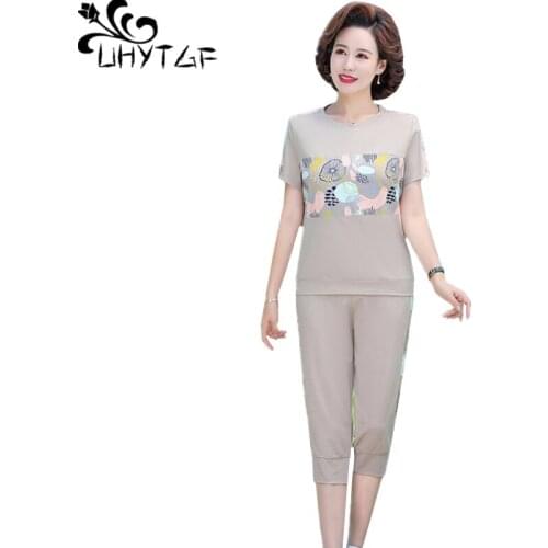 UHYTGF Womens Suit Middle-Aged Elderly Mothers Summer Two-Piece Set Short-Sleeved Running Travel Female Tracksuit Plus Size 1438