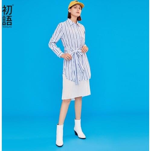 Toyouth Women Spring Dress Fashion Stripe Print Polo Collar Long Sleeve Chiffon Patchwork Dress Female Loose Long Dresses