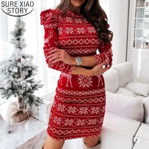2021 New Fashion Christmas Dresses Women Pencil Dress Knitted Cotton Floral Print O-neck Knee-lengrth Vestido Feminino 12839