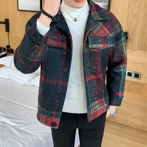 Winter Woolen Coat Mens Slim Fashion Retro Casual Tartan Jacket Man Streetwear British Wind Jacket Coat Men Overcoat M-2XL