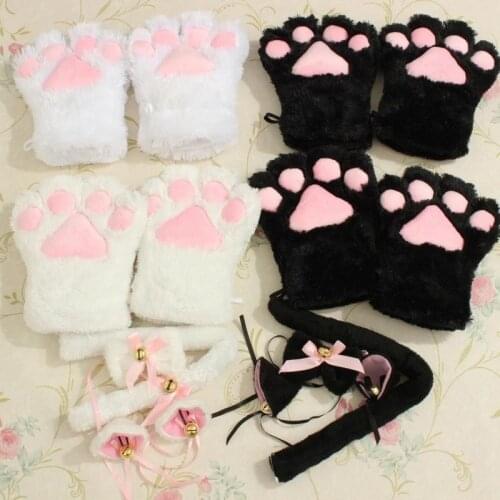 1Set Anime Cosplay Costume Cat Ears Plush Paw Claw Gloves Tail Bow-tie Cute Women Girls Party Easter Decor Accessories