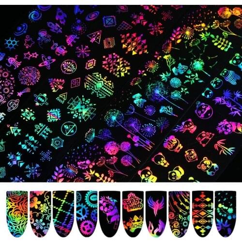 10 Pcs 4*20cm Holographic Nail Foil Sticker Rose Panda Butterfly Dandelion Fire Flower Pattern Nail Art Water Transfer Sticker