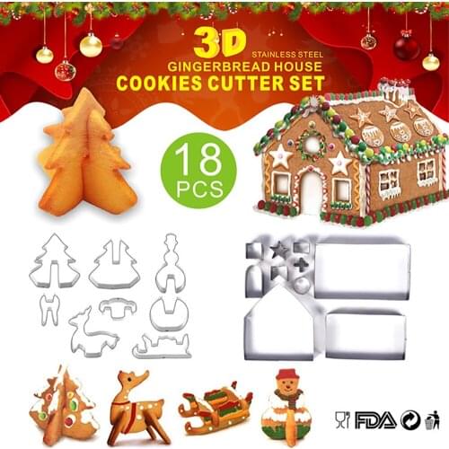 18PCS 3D Christmas Cookie Cutter Set Stainless Steel Xmas Biscuit Mold Gingerbread House DIY Baking Pastry Tool Kitchen Toys