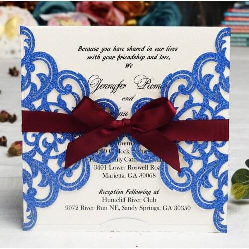 Royal Blue Glitter Laser Cut Wedding Invitations Cards With Burgundy Ribbons for Marriage Birthday Party,Customizable 50pcs