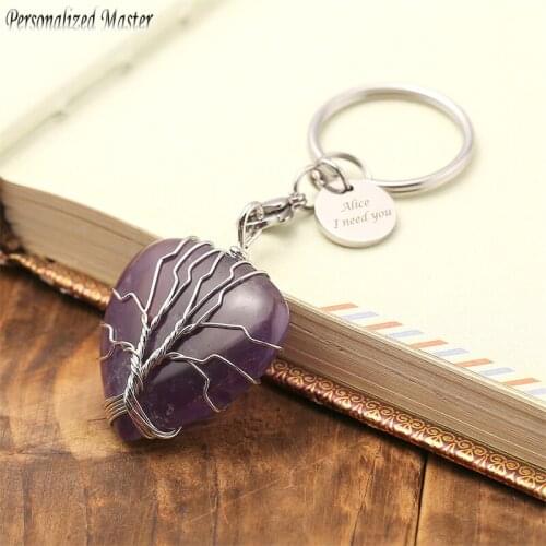 Personalized Master Name Engraved Stainless Steel Keychain Tree of Life Wire Wrapped Natural Gem stone Healing Crystal Pendant