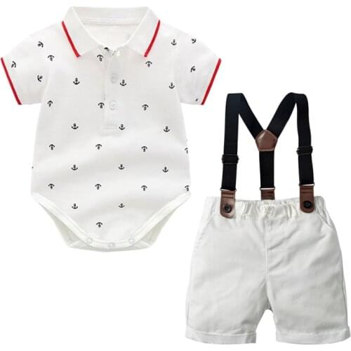 Kid Baby Boy Summer Photograph Suit Handsome Lron Anchor Printed Romper + White Shorts with Belt 2PCS Short Children Outfits