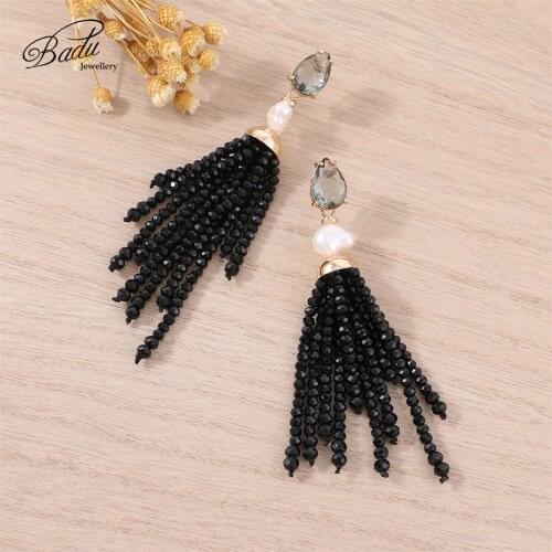 Badu Long Tassel Earring Black Crystal Beaded Fringes Dangle Earrings Women Vintage Jewelry Christmas Party Fashion Wholesale