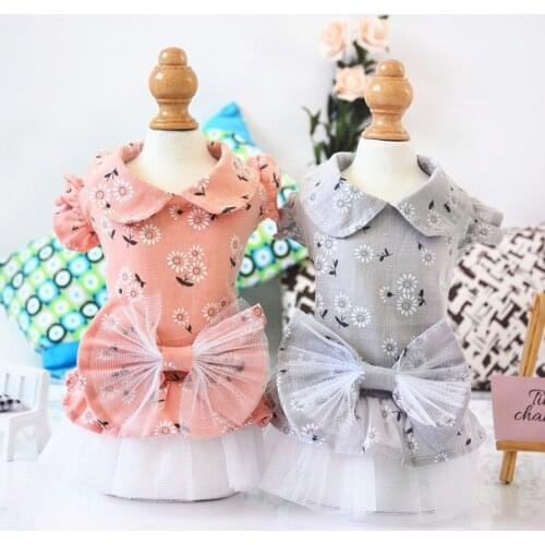 Lace Pet Clothes Princess Dog Dress Cotton Printing Doll Collar Bowknot Gauze Dogs Cat Clothing Poodle Sweet Lady Puppy Apparels