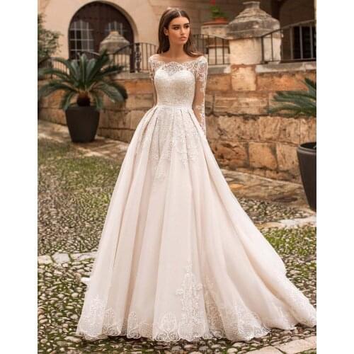 Luxury Bridal Wedding Dress Boho Princesa 2021 Long Sleeve Buttons Up Back Beading Pearls Appliques Lace Vestido De Noiva
