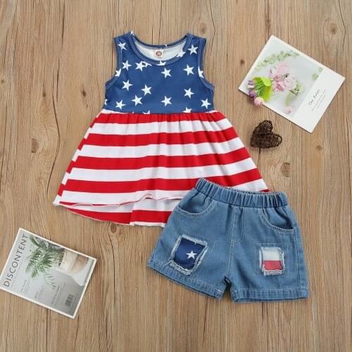 Summer Children Independence Day Clothes Set Girls Striped Star Printing Sleeveless O-neck Tops + Ripped Short Jeans