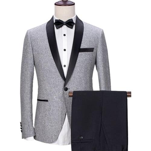 Mens Suits Shawl Collar 2 Pieces Slim Fit Grey Suit Mens Groom Tweed Wool Jacket Tuxedos for Wedding(Blazer+Pants+Tie)