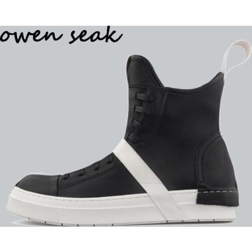 2018 Owen Seak Men Shoes High Ankle Luxury Trainers Genuine Leather Winter Boots Lace Up Casual Zip Flats Black White Sneaker