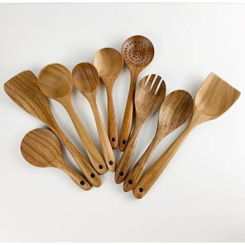 9PCS/SET Non-stick Wooden Spoon Spatula Handle Cooking Spoons Long Handle Wooden Spoon Cooking Kitchen Utensils Set
