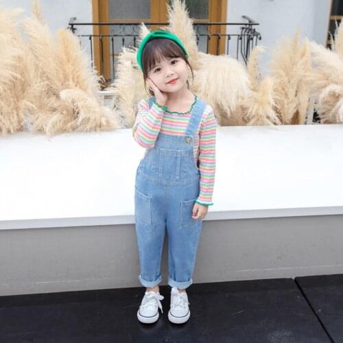 Clothes For Girls Rainbow Striped Girls Clothing Tshirt + Denim Jumspuit Kids Clothes Girls Casual Style Childrens Clothes Girl