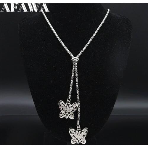 Butterfly Stainless Steel Necklace Chain Women Silver Color Long Necklaces Pendants Jewelry Christmas Gift bijoux femme N19907