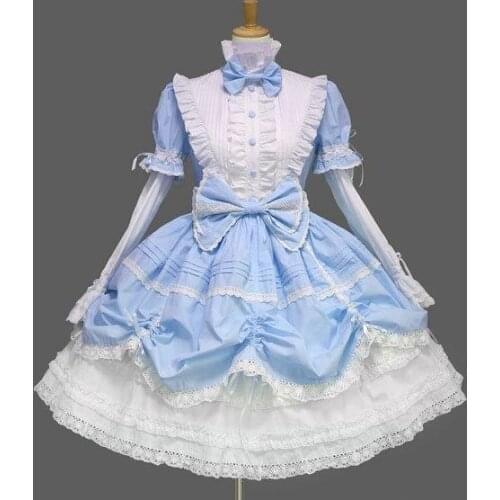Princess Lolita punk gothic lace ribbon bow neck Jpan gilrs dress cosplay puff sleeve