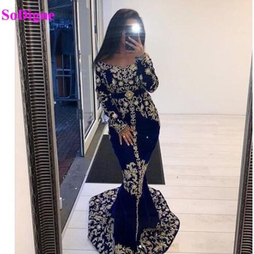 SoDigne Mermaid Caftan Evening Dresses Arabic Long Sleeve Velvet Lace Prom Gowns Karakou Formal Party Dress 2021