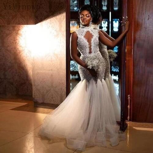 YiMinpwp Pearls Mermaid Wedding Dresses High Neck Hollow Back Illusion Bodice Lace Bridal Gowns vestidos de novia Customized