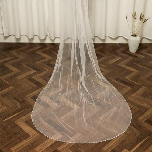 Popodion White Veil Crystal One Layer Hand-stitched Bead Wedding Veil Bridal Headwear ROM80280