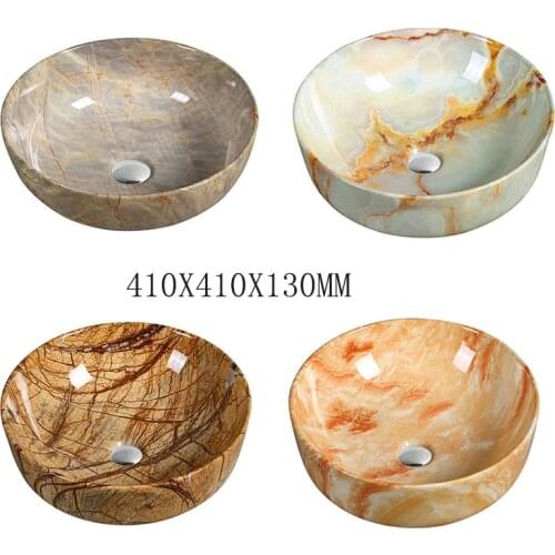 Rectangle Above Counter Ceramic Bathroom Vessel Vanity Sink Art Basin Marble Pattern Round Porcelain Wash Basin