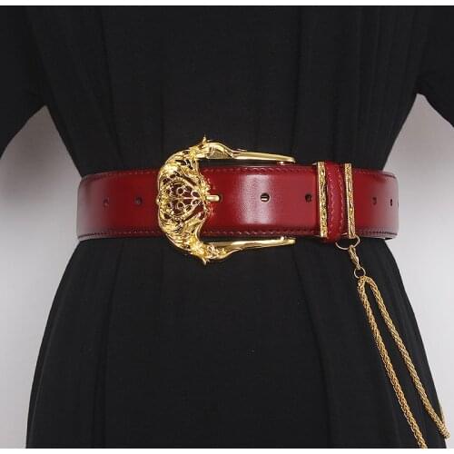 2021 Luxury Cowhide Belt with Metal Chain Solid Genuine Leather Waist Belt Jean Pant Strap Fashion Punk Cow Leather Women Belt