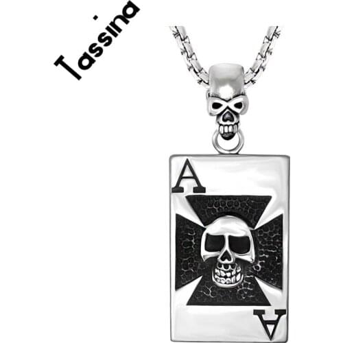 Tassina Punk Skull Ace Spade Poker Titanium Steel Exaggerated Black Cross Skull Pendant Necklace Men Boys Necklace Jewelry