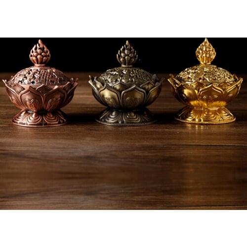 Vintage Lotus Flower Incense Burner Alloy Buddhism Lotus Line Incense Holder Mini Sandalwood Censer Incense Home Decor Craft
